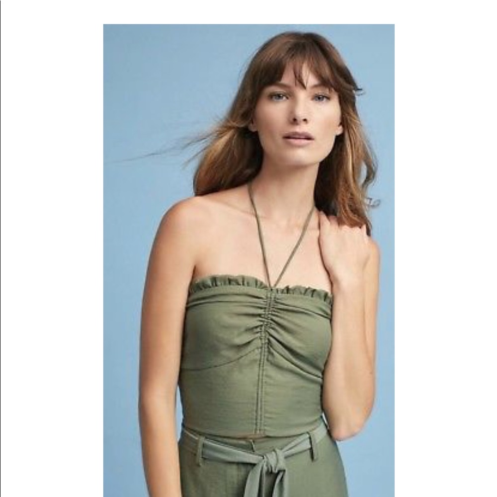 New Anthropologie Green Halter Crop Ruffle Top - Picture 1 of 8